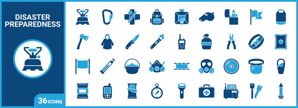 Emergency Preparedness And Survival two-tone icon set. Filled glyph pictograms of survival gear, first aid, outdoor shelter, and signaling elements, blue duotone illustration.