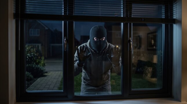 Masked burglar looking through a house window at night, representing burglary, theft, crime, home invasion, property security and residential safety concerns