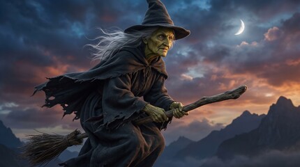 Fototapeta premium Old green witch flying on a wooden broomstick against a dramatic dusk sky and crescent moon