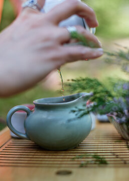 Chinese tea ceremony with gaiwan and teapot outdoors