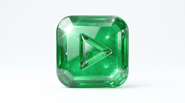 Emerald green gemstone play button icon, 3d render, glossy crystal texture, isolated on white background, luxury media symbol, video start concept, shiny jewel design