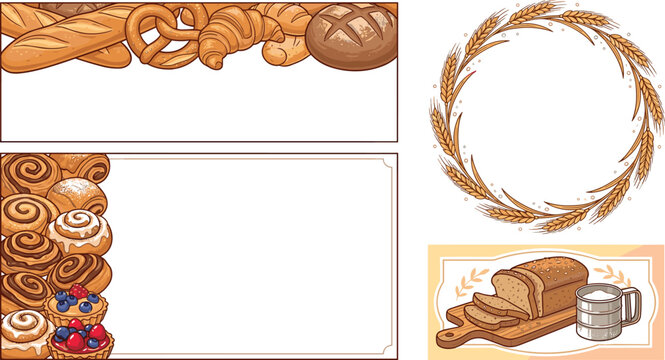 Bakery Labels Set with Bread, Pretzels, Croissants, and Cinnamon Rolls