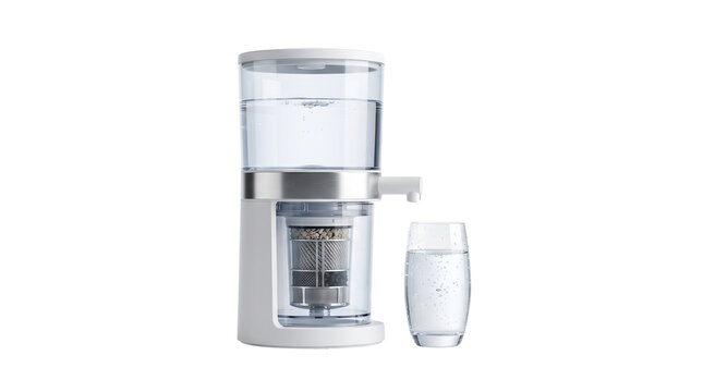 Modern countertop water filter system with glass, white alkaline water purifier machine, clean drinking water dispenser for home kitchen