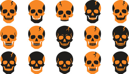 Fototapeta premium A detailed vector illustration set featuring various stylized human skulls with orange and black color schemes for halloween