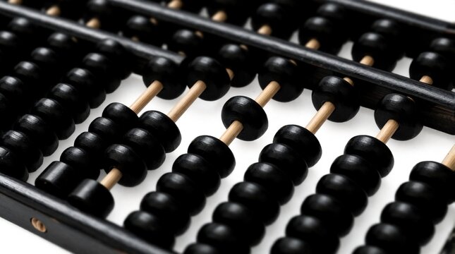 Black abacus beads are neatly arranged on a white surface, showing rows and columns of spheres. This vintage calculator represents calculation and math history.