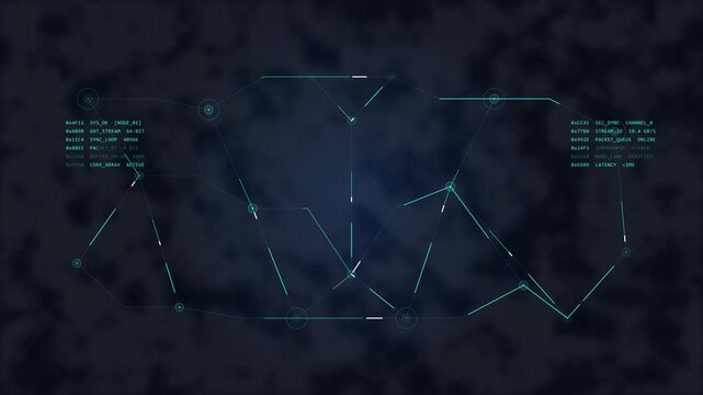 Abstract digital network animation connecting data points, computer code streams, and communication lines