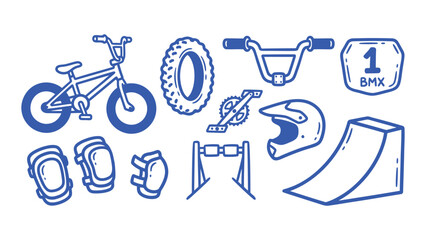 Obraz premium Bmx racing hand drawn doodle vector set with bicycle and protective gear icons