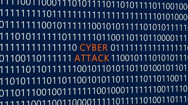 Cyber attack text or word with digital binary animation background, designed for an illustrative digital world technology concept representing malicious network intrusions, security breaches
