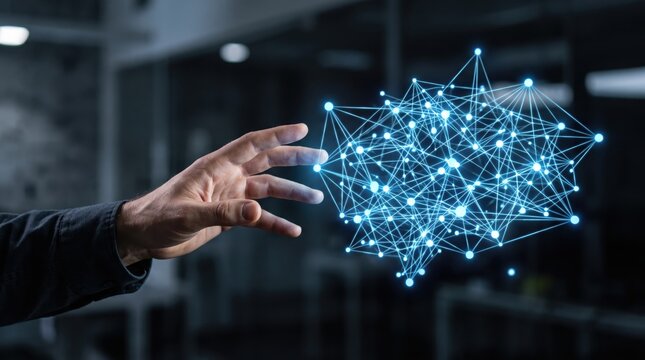 Human hand reaching towards glowing blue digital network sphere, representing artificial intelligence, blockchain technology, data connectivity, and future innovation.