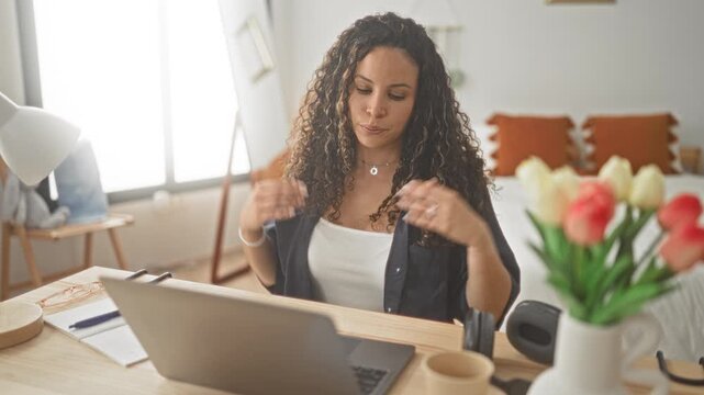 Woman at laptop rubs arm and adjusts curly hair while scrolling notes and typing beside tulips on a desk in a home office building; calm focus.