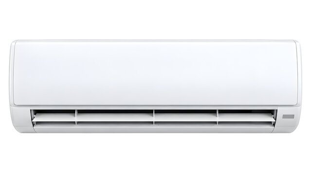 Modern white split air conditioner indoor unit for home climate control and cooling system isolated on white background with sleek design