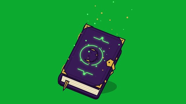 Magic Spell Book Floating and Glowing on Green Screen, 2D Animated Grimoire with Magical Particles