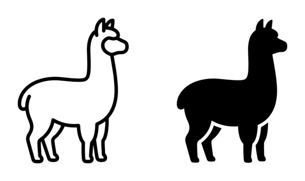Llama Icon Set, Simple Line Art and Silhouette Vector Graphics for Animal Themes, Farm and Wildlife Concepts