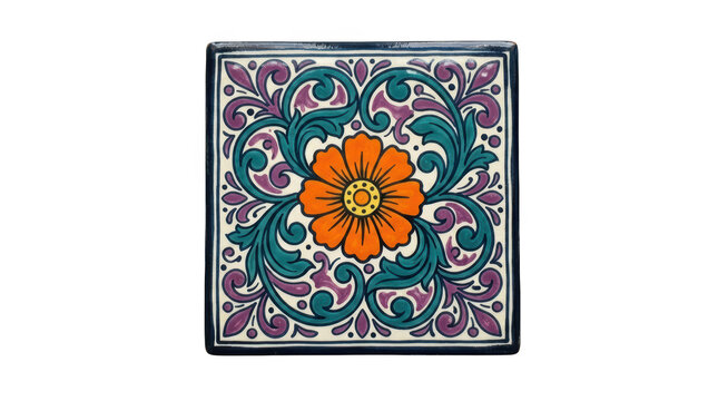 Decorative mexican talavera tile with floral pattern isolated on transparent background