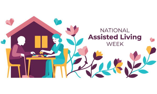 National assisted living week banner with caregiver and senior playing puzzle vector illustration