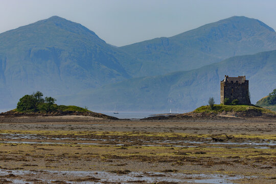 Castle Stalker, an old tower house on a small islet in Loch Laich near Port Appin, Scotland.