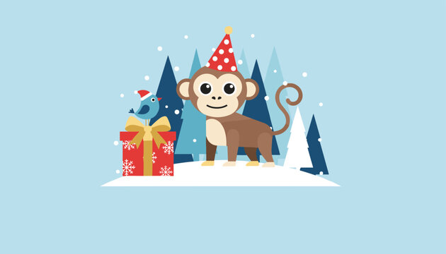 Cute monkey wearing a red Santa hat standing near a gift box and a small bird in a snowy pine forest.