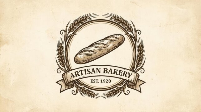 Vintage artisan bakery logo with baguette and wheat wreath.