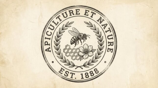 Vintage apiculture and nature logo with bee.