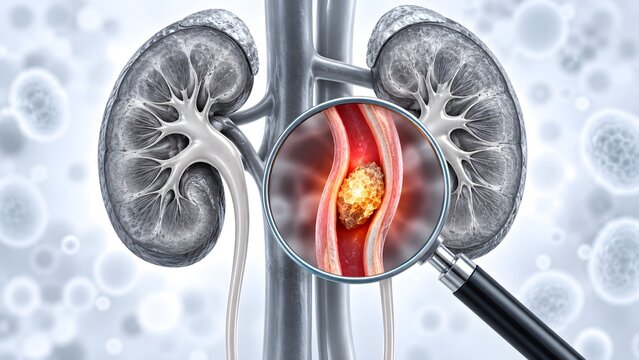 Medical Illustration of Kidney Stones in the Human Urinary System Showing Renal Calculus Formation and Ureter Obstruction with Magnifying Glass Focus