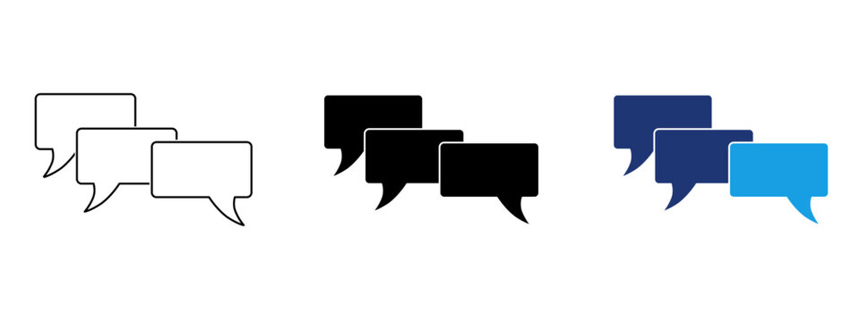 Group chat icon with multiple rectangular speech bubbles. Symbol of online messaging, team communication, discussion thread, customer support, social media talk, feedback, and user dialogue.