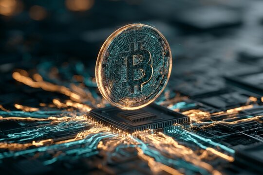 Glowing digital currency token hovering above futuristic computer processor circuitry board data processing concept with luminous cryptocurrency symbol