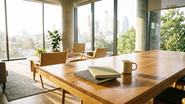 Sophisticated office meeting table with glass top, notebooks, pen and coffee cup, city view through large windows