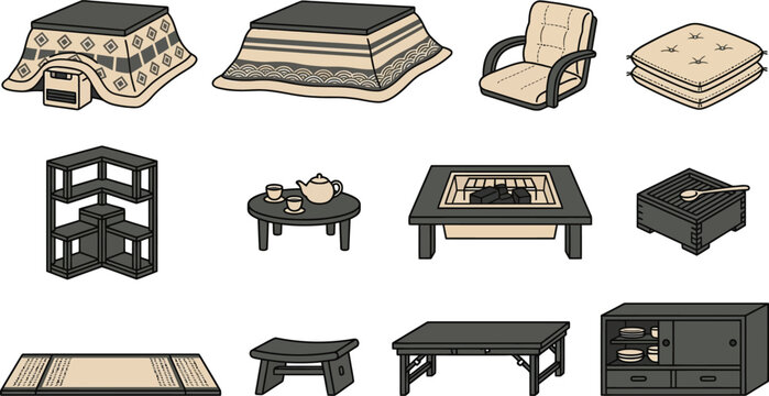 Japanese traditional furniture set with 12 vector icons. Kotatsu heated table, floor chair, and zabuton cushions. Interior home decor elements.