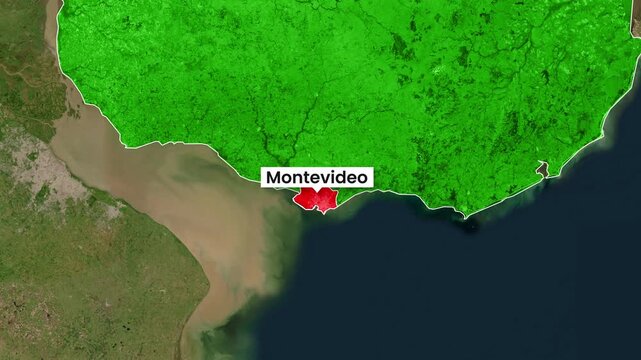Montevideo location highlighted on satellite footage of the Uruguay map clip