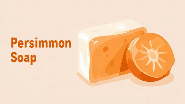 Flat vector illustration banner of persimmon soap bar with sliced persimmon fruit, bold modern sans-serif text "Persimmon Soap" placed on the left