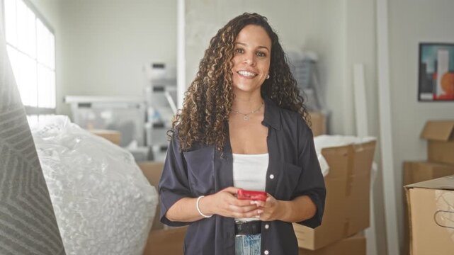 Woman holding a red smartphone, smiling while standing among moving boxes in a building; contentment.