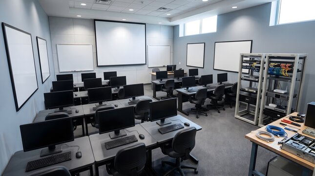 Spacious and modern computer lab classroom with advanced networking equipment and workstations ready for technology education
