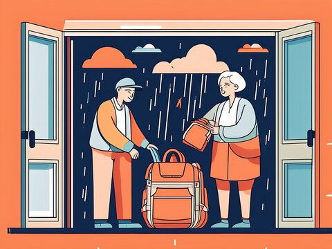 大雨で避難の準備をする家族