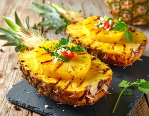 Obraz premium Zwei gegrillte Ananasstücke mit Brandstreifen als fruchtiges Dessert für ein Barbecue