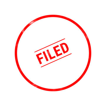 A bright red circular stamp design featuring the word filed written in bold capital letters centered inside the middle of the graphic