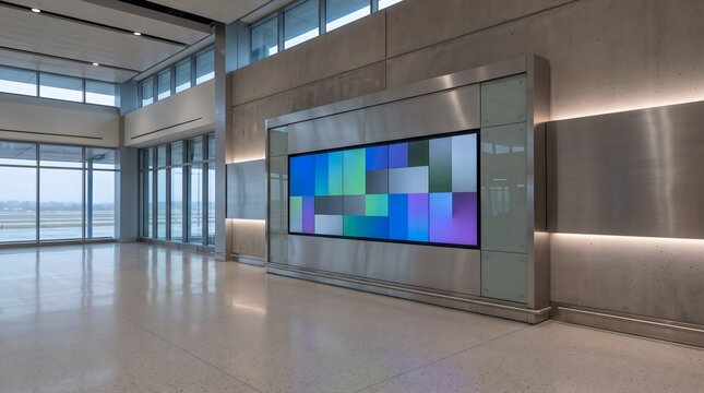 Large digital display screen showing colorful abstract pattern in modern building lobby