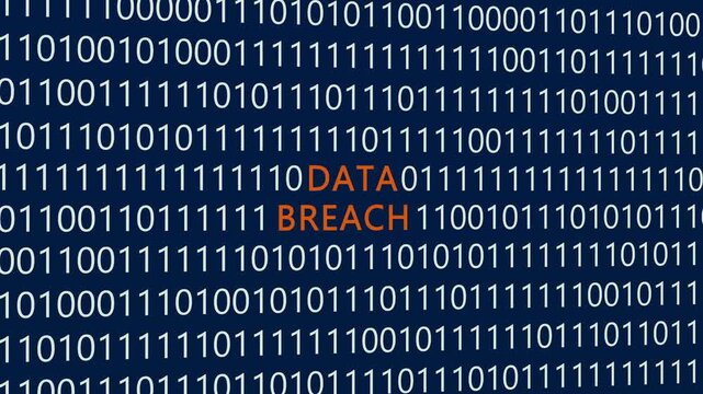 Data breach text or word with digital binary animation background, designed for an illustrative digital world technology concept representing unauthorized network access, security compromises