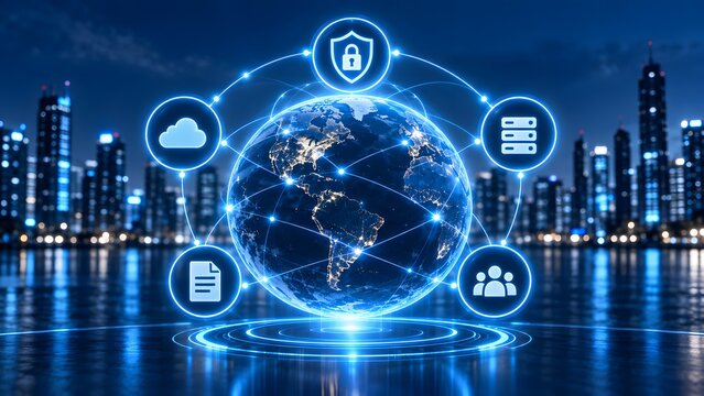 Global digital earth hologram over city skyline with cyber security and cloud network icons representing worldwide data protection
