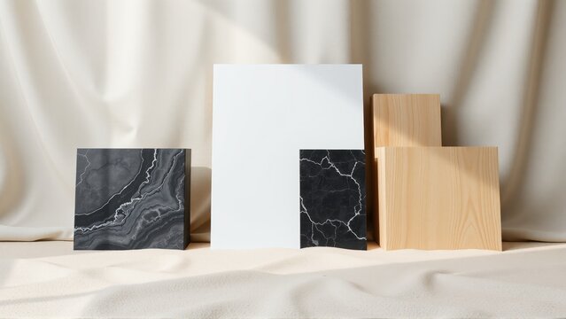 Minimalist composition featuring stone, wood blocks, white surface. Soft lighting creates subtle shadows, elegant presentation.