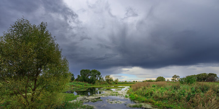Lush greenery surrounds still water under brooding storm clouds
