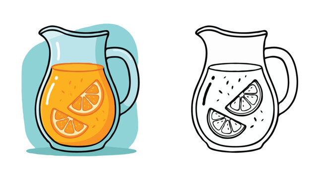 Cartoon Glass Pitcher of Orange Juice with Slices Colored and Line Art Set