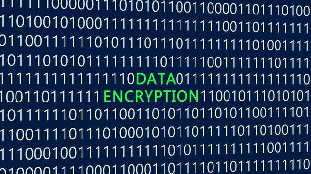 Data encryption text or word with digital binary animation background, designed for an illustrative digital world technology concept representing cryptographic security, data protection