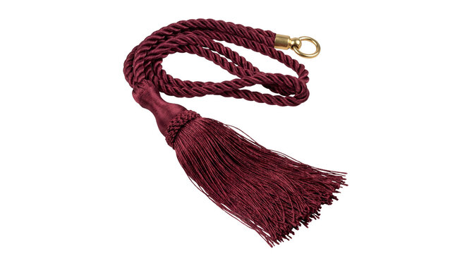 Burgundy silk tassel with twisted cord, elegant maroon curtain tieback with gold ring, luxury decorative fringe for home decor isolated PNG with Transparent Background