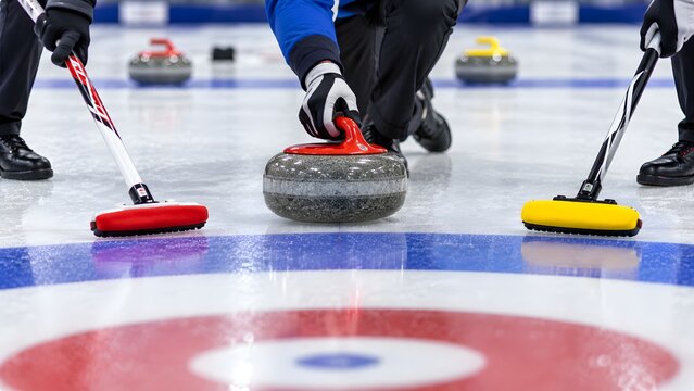 Professional curling players sliding red stone on ice during winter tournament match with brooms sweeping sheet towards target rings competition