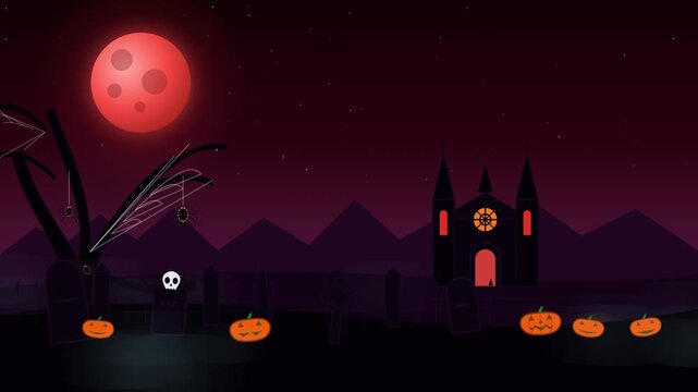 2D Halloween motion graphic featuring a blood-red moon rising behind mountains, yellow glowing jack-o'-lanterns in a cemetery with a gothic cathedral, enlarged spooky tree with glowing spiders and cob