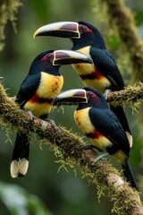 Fototapeta premium Three Collared Aracaris rest on a mossy tree branch in a rainforest. These colorful birds have black, yellow, and red plumage and large, distinct beaks.