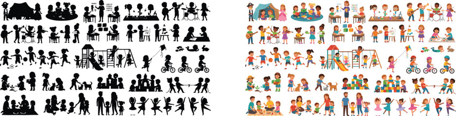 Fototapeta premium Colorful Children and Adults Engaged in Outdoor and Creative Activities Compared with Black Silhouette Illustrations