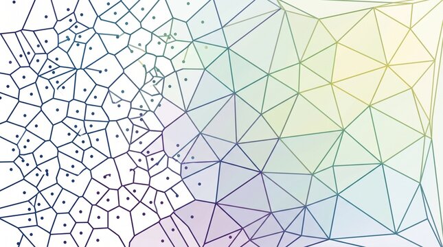 Abstract geometric voronoi diagram and delaunay triangulation mesh pattern background with pastel gradient