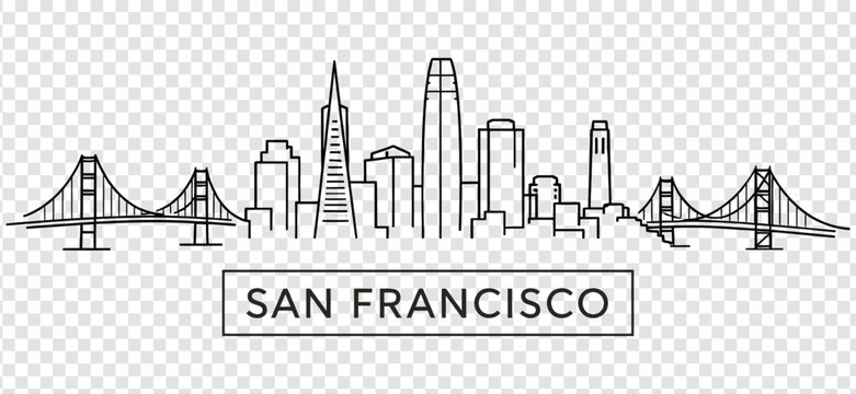 San francisco city skyline vector illustration with famous landmarks and buildings