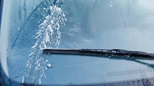Frozen car windshield with ice crystals and wiper blade. Close up of frost patterns on glass. Winter morning vehicle maintenance theme